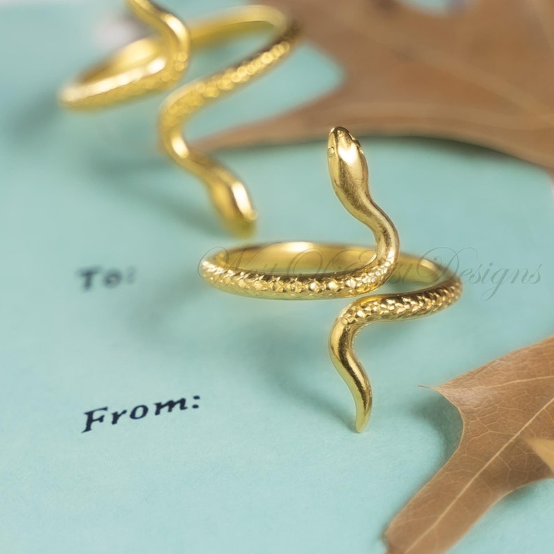 May include: Gold-colored snake ring with textured scales, coiled around the finger. The ring is set against a light blue background with the words "To:" and "From:" visible. A dried leaf adds a natural element.