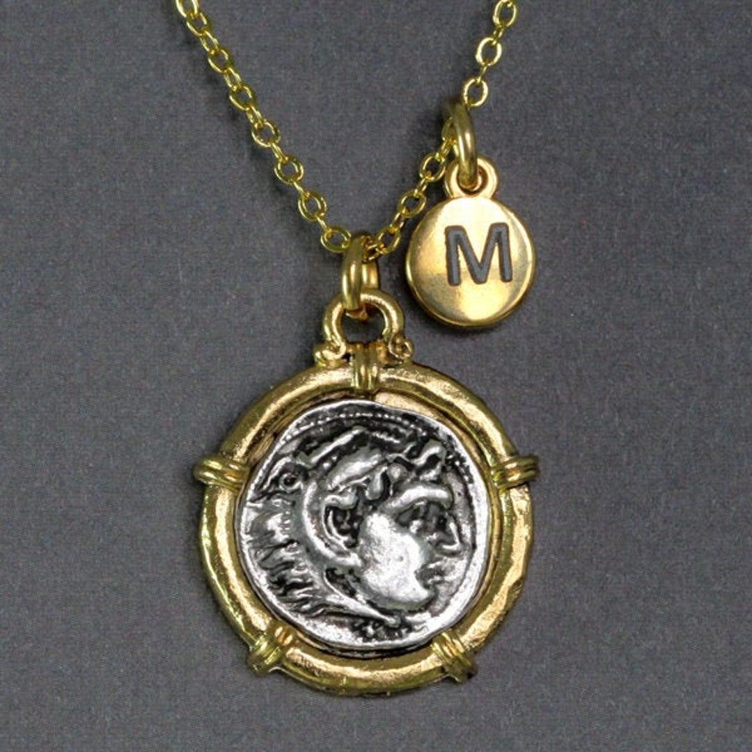 Alexander the Great Necklace, Ancient Coin Replica in Gold Hammered Bezel, Personalized Initial