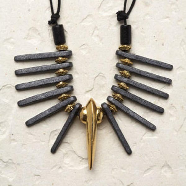 Gold Spike beaded Necklace, Black Ceramic beads, 24K Gold plated, Adjustable length, Ethnic Jewelry