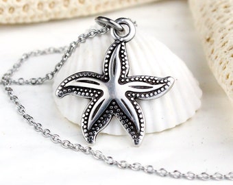 Silver starfish necklace, Personalized jewelry initial charm necklace, Monogram, nautical sea Charm, boho chic,  gifts, for her