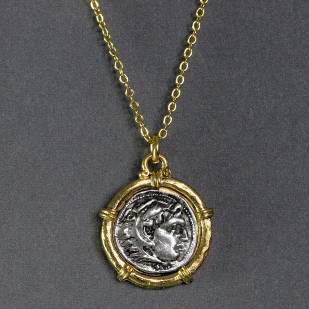 Alexander the Great Necklace, Ancient Greek Silver Coin Replica Gold Bezel, Boho Ethnic
