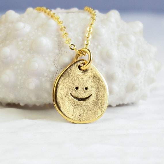 Gold Happy Face Necklace, Boho Layering Smiley Emoticon Inspirational  Pendant, Personalized Monogram Option, Good Luck Jewelry Gift 
