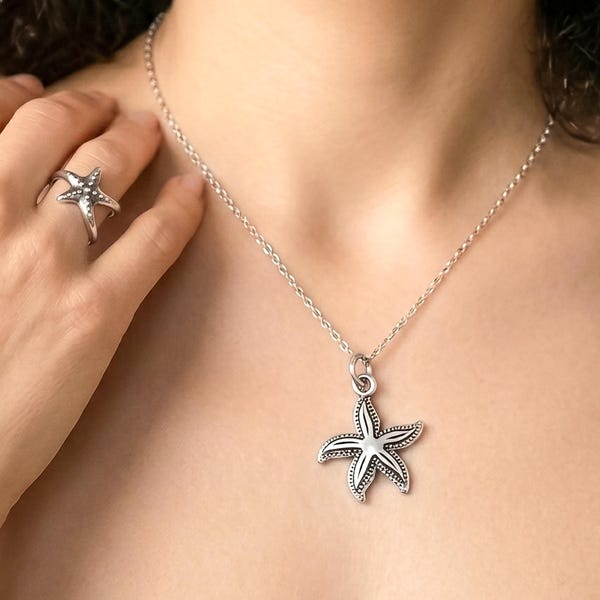 Silver Starfish Necklace, Nautical Beach Jewelry, Sea Lover Gift, Personalized Option