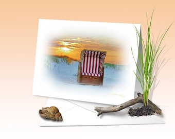 Beach chair, evening mood, greeting card, digital watercolor,