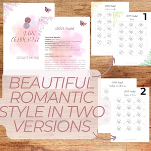 May include: A collection of printed papers with yarn color palettes and floral designs. The text reads "Yarn Color Pale" and "Beautiful Romantic Style in Two Versions." The papers include technical details and floral pattern charts.