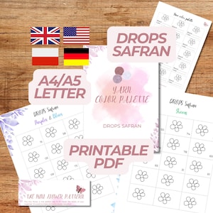 May include: A collection of printable PDF pages for yarn color palettes and flower patterns. The pages feature the text "DROPS SAFRAN", "Yarn Color Palette", and "Printable PDF". The image includes flags of the UK, USA, Poland, and Germany.