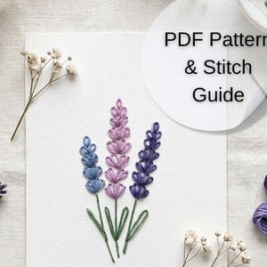 Modello PDF per ricamo su carta color lavanda, modello fai da te per biglietto di auguri floreale