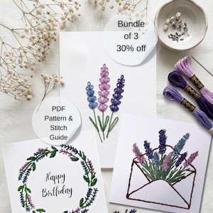 Lavender Paper Embroidery Pattern Bundle, 3 Botanical Card Templates (PDF Download)