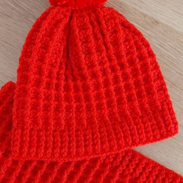 Ensemble bonnet pompon et snood rouge au crochet fait mains 4/6 ans