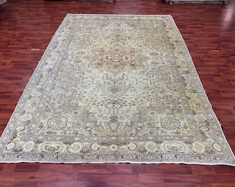 Alfombra Oushak de lana hecha a mano: Alfombra turca vintage (2,74 x 1,83 m)