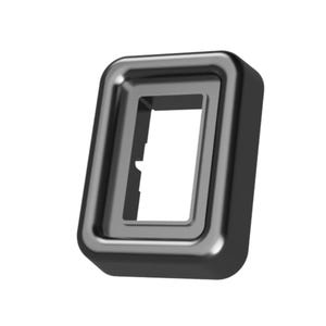 May include: A glossy, dark gray rectangular frame with rounded corners. The frame has a hollow, rectangular center. The object is a three-dimensional shape, likely a component or part of a larger product.