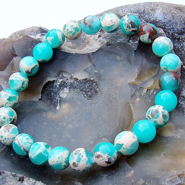 Natural Gemstone Men's Women's Elasticated bracelet 8mm AQUA TERRA beads 7.5inch