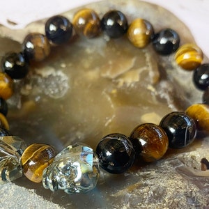 Gemstone Skull Bracelet Crystal Skulls Elastic Bracelet, 10mm Tiger Eye, Black Agate