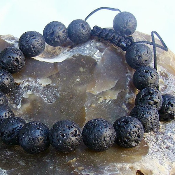 Men's Gemstone Beaded Bracelet 12mm BLACK LAVA STONE beads 7,5 inch Gift Jewellery