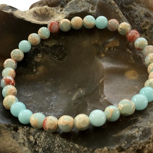 Natural Gemstone Bracelet Aqua Terra Jasper 6mm beads stretchable elasticated Beaded Jewelry Gift for Him for Her