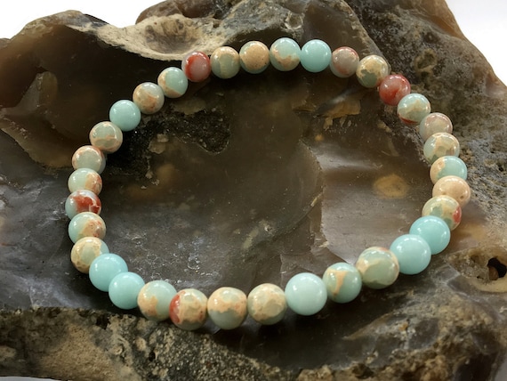 Natural Gemstone Bracelet Aqua Terra Jasper 6mm Beads Stretchable