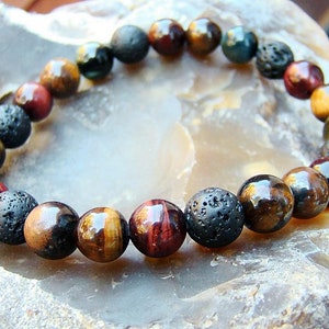 Natural Gemstone ELASTIC beaded bracelet all 8mm Tiger Eye, Lava beads