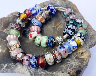 Set of 40 Flower Murano Glass Beads Charm  Silver Plated core Fits Pandora Bracelet , Green, Pink, Red, Blue