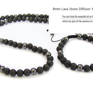 Collar y pulsera para hombre con difusor de aceites esenciales, joyería con cuentas redondas de hematita de lava, largas, para aliviar la ansiedad y el estrés.