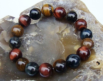 Natural Gemstone Men's Women's ELASTIC bracelet all 12mm Tiger Eye beads 7.5inch Red Blue Yellow