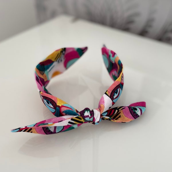 Knot bow headband multicoloured abstract faces red pink green orange handmade bow headbands fashion girls women eye print