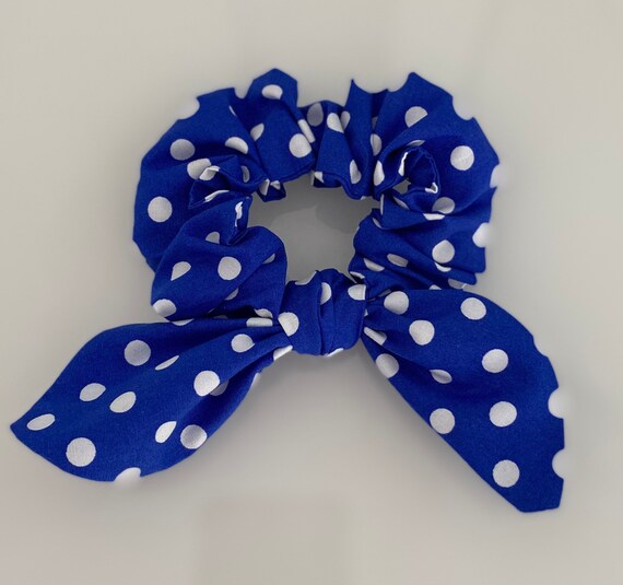 Royal Blue Polka Dot Scrunchie Blue White Bunny Tail 