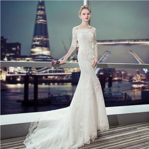 Custom Women's Floral Lace Off Shoulder Wedding Gown, Mermaid Bridal Wedding Dresses