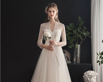 A-Line V-Neck Long-Sleeves Floral Court Train Bridal Wedding Dresses