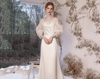 A-Line Long Sleeves Wedding Gown, Floor Length Court Train Bridal Wedding Dresses