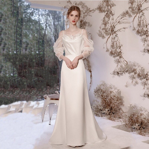 A-Line Long Sleeves Wedding Gown, Floor Length Court Train Bridal Wedding Dresses