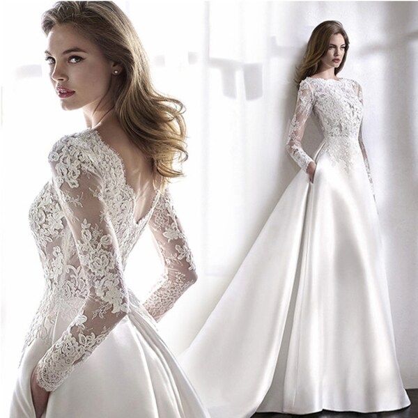 Women's A-Line Scoop-Neck Long Sleeves Wedding Gown, Court Train Bridal Wedding Dresses