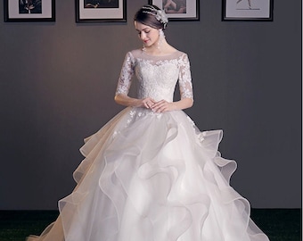 Women's Ball-Gown/Princess Scoop Neck Floral Lace Wedding Gown, Organza Lace Wedding Dress