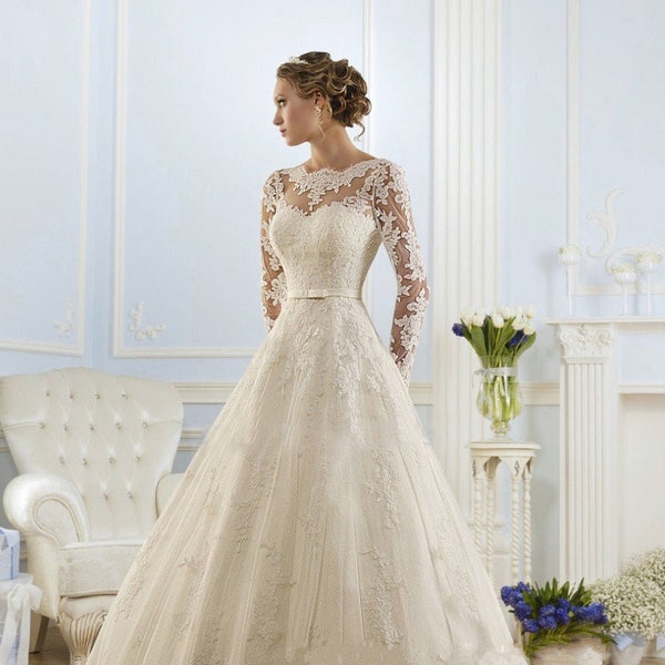 A-Line/Princess Scoop Neck Long Sleeves Court Train Wedding Dress