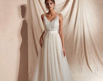 V-Neck A-Line Floral Wedding Gown, Bridal Wedding Dresses