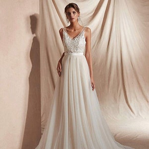 V-Neck A-Line Floral Wedding Gown, Bridal Wedding Dresses