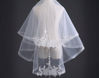 Two Tiers Simple Elegant Fingertip Wedding Veil | Veil with Comb | Wedding Veil TX1