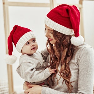 Mommy and Me Matching Santa Hats | Knitted Christmas Beanie | Winter Warm Bobble Hat | Hats for Christmas Party