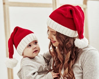 Mommy and Me Matching Santa Hats | Knitted Christmas Beanie | Winter Warm Bobble Hat | Hats for Christmas Party