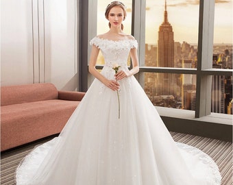 Ball-Gown Off-the-Shoulder Cathedral Train Tulle Wedding Dress With Beading Sequins