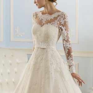 A-Line/Princess Scoop Neck Long Sleeves Court Train Wedding Dress image 3