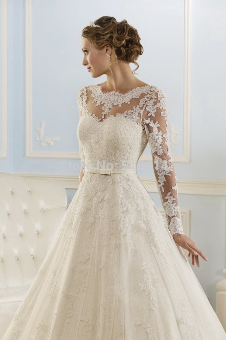 A-Line/Princess Scoop Neck Long Sleeves Court Train Wedding Dress image 3