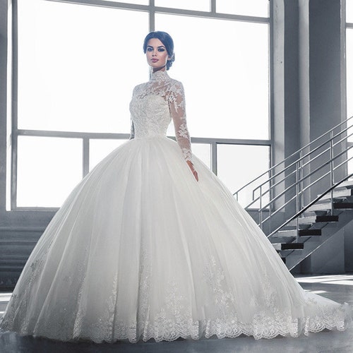 Ball Gown Puff Sleeve High Neck Cathedral Train Heavy Lace Beading Gol –  Mermaid Bridal