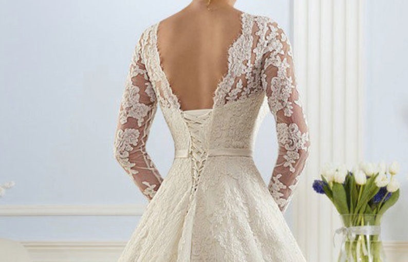 A-Line/Princess Scoop Neck Long Sleeves Court Train Wedding Dress image 4