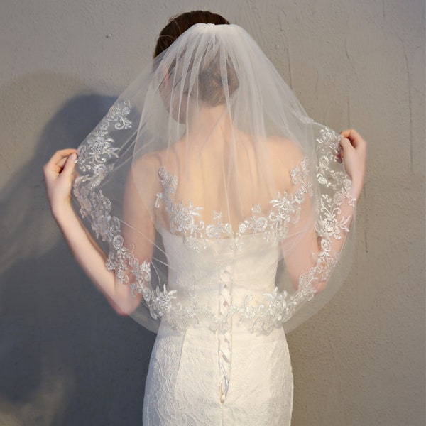 Two Tiers Simple Elegant Elbow Wedding Veil | Veil with Comb | Wedding Veil TF1