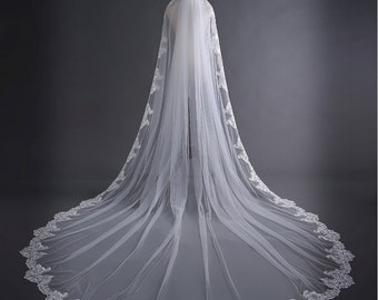 One-tier Lace Applique Edge Cathedral Bridal Veils With Lace W1 S