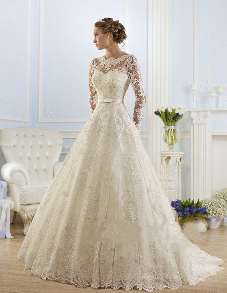A-Line/Princess Scoop Neck Long Sleeves Court Train Wedding Dress image 1