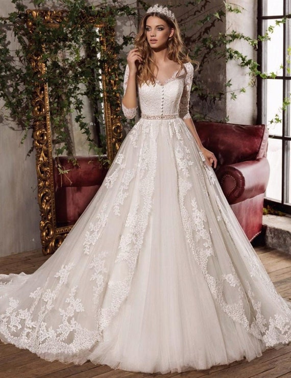 Women's V-neck 3/4 Sleeves Floral Wedding Gown Ball - Etsy