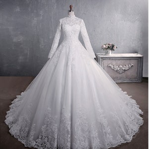 Women's Ball-Gown Long Sleeves High-Neck Floral Lace Wedding Gown, Court Train Bridal Wedding Dresses