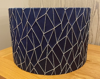 Handmade Lampshade in a Navy Satin Geometric Print Fabric, Various Sizes available, Ceiling or Table Lamp options