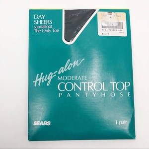 Vintage Sears pantyhose black sheer control top stockings hosiery NIP Deadstock Full Figure Tall 90s